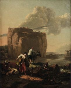 Berchem Nicolaes : Paesaggio con pastori e armenti  - Asta Dipinti Antichi - Associazione Nazionale - Case d'Asta italiane