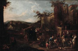 Olivero Pietro Domenico - Scena con popolani e rovine sullo sfondo