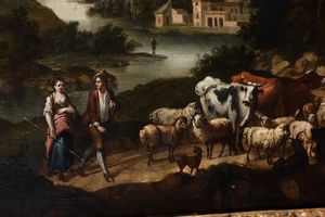 Ricci Marco : Paesaggio fluviale con pastori, armenti e rovine classiche  - Asta Dipinti Antichi - Associazione Nazionale - Case d'Asta italiane