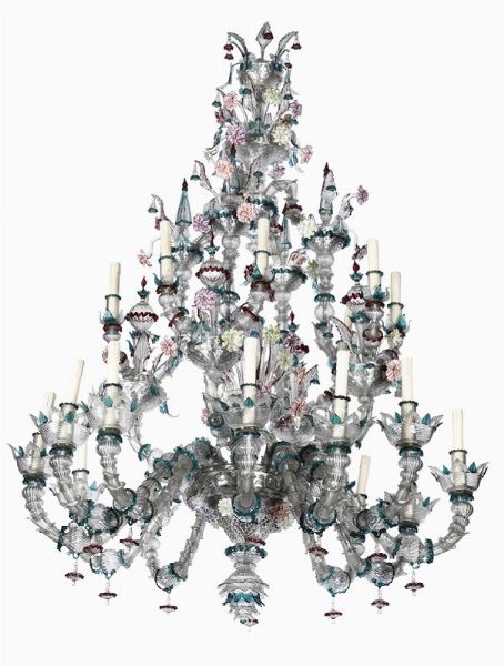 Imponente lampadario in vetro di Murano policromo, XX secolo  - Asta Importanti Sculture, Arredi e Oggetti d'Arte - Associazione Nazionale - Case d'Asta italiane