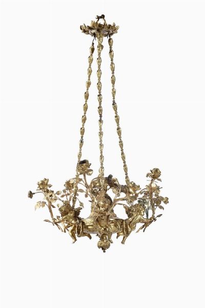Piccolo lampadario in bronzo dorato, XIX-XX secolo  - Asta Importanti Sculture, Arredi e Oggetti d'Arte - Associazione Nazionale - Case d'Asta italiane