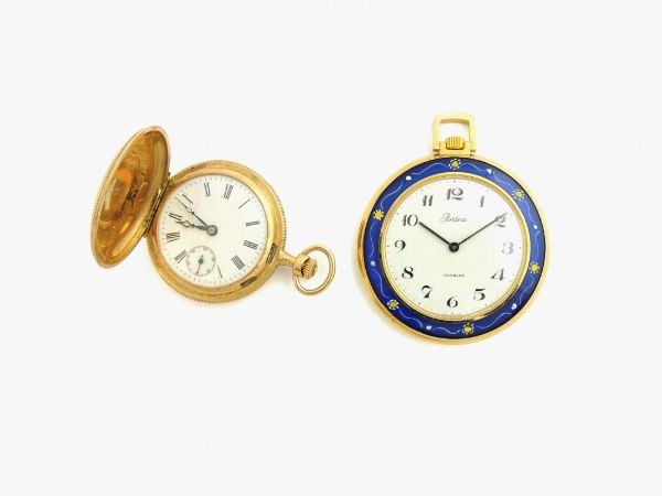 Due orologi da tasca Sigma in oro giallo 585/1000 e Portex placcato oro con smalti  - Asta Orologi - Associazione Nazionale - Case d'Asta italiane