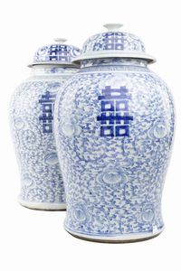 COPPIA DI POTICHE - H cm 45 Cina  XIX secolo  decorati con motivi bianchi e blu  recanti scritte orientali. Difetti e restauri