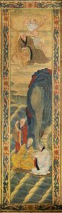 PANNELLO ORIENTALE - 158x46 dipinto su carta applicata su tela raffigurante figure in abiti tipici; Cina  XX secolo Difetti