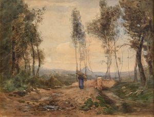 VITTORIO BUSSOLINO Torino 1853 - 1922 - Paesaggio con figura