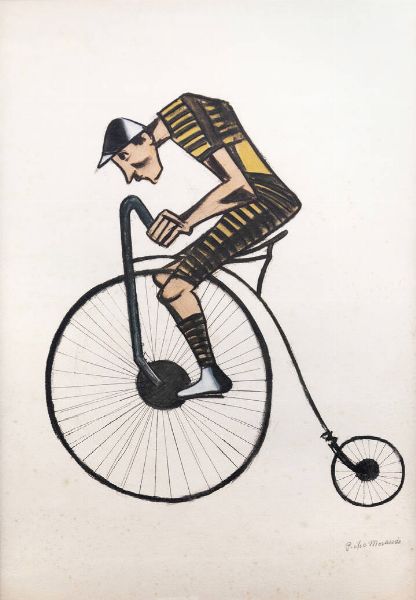 PIETRO MORANDO Alessandria 1892 - 1980 : Ciclista in velocipede  - Asta Asta 168 : Dipinti e sculture del '900 - Associazione Nazionale - Case d'Asta italiane
