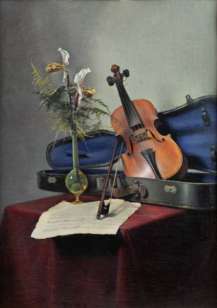 ROMANO DI MASSA Parma 1889 - 1985 Nervi  Genova 1985 : Orchidee e violino 1951  - Asta Asta 168 : Dipinti e sculture del '900 - Associazione Nazionale - Case d'Asta italiane