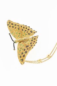 CATENA CON CIONDOLO - Peso gr 34 2 in oro giallo  a forma di farfalla con zaffiri gialli per totali ct 10 19 ca  diamanti  di colore  [..]