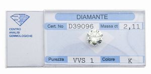 DIAMANTE ENTRO BLISTER - di ct 2 11  colore K  purezza VVS1 Certificato di analisi gemmologiche di Valenza a cura del Dottor Visconti n.  [..]