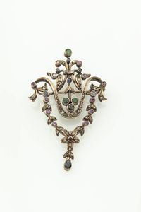 SPILLA - Peso gr 13 8 cm7x5 in argento ed oro a bassa caratura  XIX secolo  con festone mobile  impreziosita da rosette  [..]