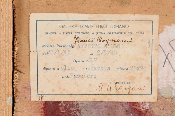 Rognoni Franco : Maschere, 1944  - Asta Arte Moderna e Contemporanea | Asta a Tempo - Associazione Nazionale - Case d'Asta italiane