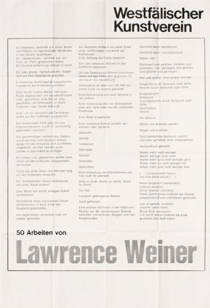 Lawrence Weiner : 50 Arbeiten von Lawrence WeinerMunster, Westfälischer Kunstverein, 1972, 56,1x90 cm.  - Asta Testimonianze: libri e documenti dell'arte moderna e contemporanea - Associazione Nazionale - Case d'Asta italiane