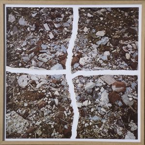 Robert Smithson - Torn photograph from the 2nd stop (Rubble). A primarily brown, red, and gray snapshot of dirt and rocks - general rubbleNew York, NY., Multiples Inc., in association with Colorcraft Inc.,, 1970, 60x60 cm. (ricomposto)
