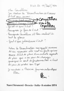 Ben Vautier - Cher Cavellini jai réalise la Deconstruction de loeuvre dArt...Brescia, Nuovi Strumenti, 1974 (ottobre), 69x47,5 cm.