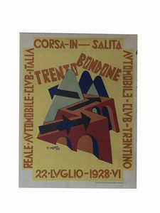 FORTUNATO DEPERO - Corsa in salita - Trento Bondone - 22 luglio 1928s.l., Reale Automobile Club Italia - Automobile Club Trentino, [stampa: Officine Grafiche Ricordi - Milano], 1928 (luglio), 39x30 cm.