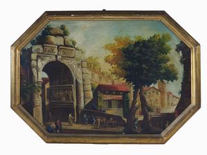 Scuola napoletana del XIX secolo - Paesaggi con architetture e personaggi