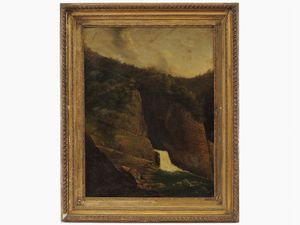 Scuola napoletana del XIX secolo - Paesaggio con cascata e figure