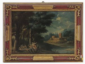 Scuola veneta del XVIII secolo - Paesaggio fluviale con personaggio e veduta di castello sullo sfondo