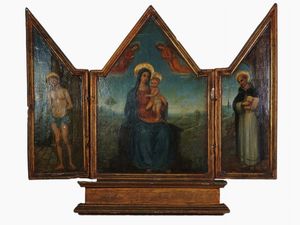Maniera della Pittura umbra del XV secolo - Trittico con La Madonna con il Bambino e i Santi Sebastiano e Domenico