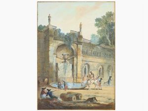 Scuola francese della fine del XVIII secolo - Scorcio di giardino con personaggi 1786