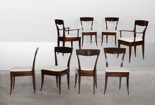 Set di sei sedie e due capotavola. Struttura in legno con rivestimenti in tessuto.  - Asta Design - Associazione Nazionale - Case d'Asta italiane