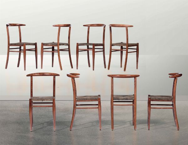 Otto sedie con struttura in legno e seduta in paglia intrecciata.  - Asta Design - Associazione Nazionale - Case d'Asta italiane