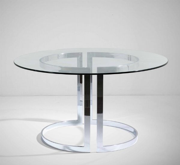 Tavolo con sostegni in metallo cromato e piano in vetro.  - Asta Design - Associazione Nazionale - Case d'Asta italiane