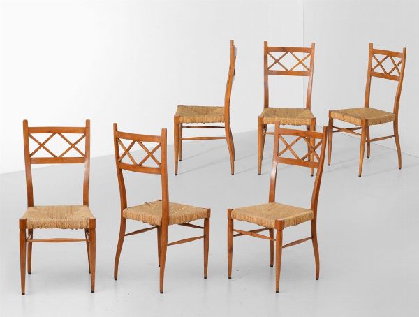 Sei sedie con struttura in legno e seduta in paglia.  - Asta Design - Associazione Nazionale - Case d'Asta italiane