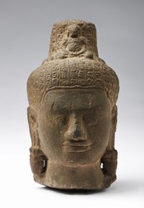 Arte Sud-Est Asiatico - 'Testa in pietra raffigurante Avalokitesvara Cambogia, dinastia Khmer'