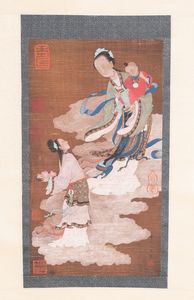 Arte Cinese - 'Dipinto su seta raffigurante due dame ed un bambino Cina, dinastia Qing, XVIII secolo '