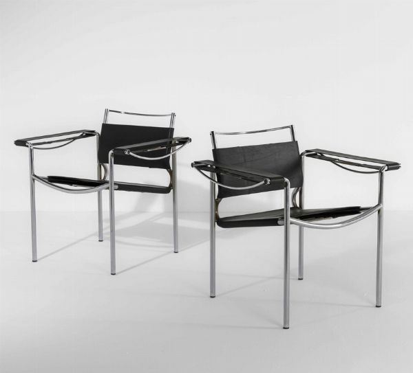 Coppia di sedie con struttura in metallo e seduta in pelle.  - Asta Design Lab - Associazione Nazionale - Case d'Asta italiane