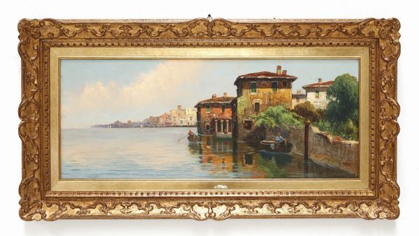 WEBER RUDOLF (1872 - 1949) : Paesaggio marino con barche e case.  - Asta ASTA 303 - ARTE ANTICA E DEL XIX SECOLO - Associazione Nazionale - Case d'Asta italiane