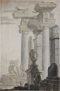 ARTISTA ITALIANO DEL XVIII SECOLO - Paesaggio con rovine e personaggi.