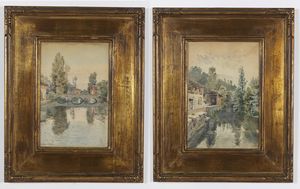 FERRARI ARTURO (1861 - 1932) - Coppia di dipinti raffiguranti paesaggi fluviali.