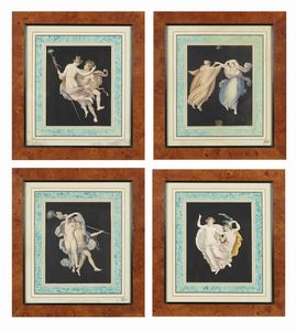 ARTISTA DEL XIX SECOLO - Gruppo di quattro incisioni acquarellate, raffiguranti: coppia di baccanti e fanciulle danzanti.