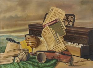 GAJONI ADRIANO (1913 - 1965) : Natura morta con strumenti musicali e libri.  - Asta ASTA 303 - ARTE ANTICA E DEL XIX SECOLO - Associazione Nazionale - Case d'Asta italiane
