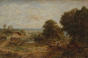 Artista inglese del XIX secolo - Paesaggio boscoso con contadine e cavallo.