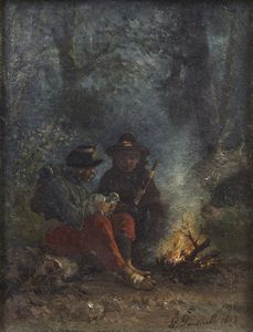 POSTIGLIONE LUCA (1876 - 1936) - Suonatori in un paesaggio notturno.