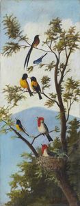 MEUCCI MICHELANGELO (1840 - 1909) - Paesaggio con uccellini su un albero.