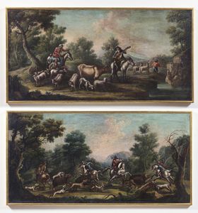 ARTISTA ITALIANO DEL XVIII SECOLO - Coppia di dipinti raffiguranti pastori e gregge e scena di caccia.