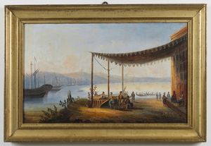 ARTISTA DEL XIX SECOLO - Paesaggio con porto e personaggi turchi sotto una tenda.