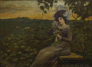 ARTISTA DEL XIX SECOLO - Paesaggio rupestre con figura femminile.