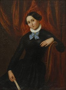 ARTISTA DEL XIX SECOLO - Ritratto di giovane nobildonna con gorgiera e fiocchetto azzurro.