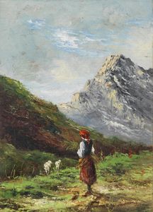 MANCINI CARLO (1829 - 1910) - Paesaggio con armenti e pastorella.