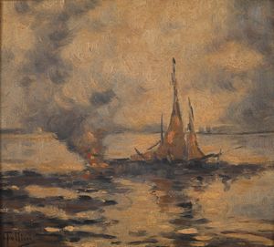 FOLLINI CARLO (1848 - 1938) - Marina con barche.