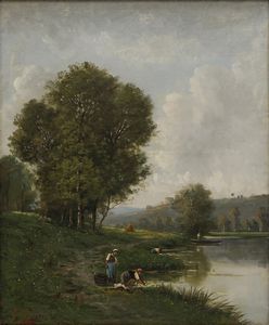 ARTISTA DEL XIX SECOLO - Paesaggio con lavandaie al fiume.