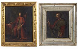 ARTISTA DEL XVIII SECOLO - Coppia di dipinti raffiguranti ritratto d'uomo di profilo e ritratto di notabile con lettera.