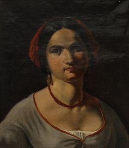 ARTISTA DEL XIX SECOLO - Ritratto di popolana con copricapo rosso.
