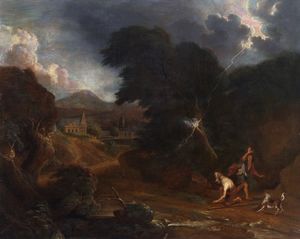 ARTISTA DEL XVIII SECOLO - Paesaggio con pastori e cane.