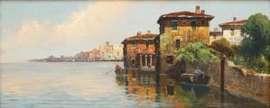 WEBER RUDOLF (1872 - 1949) - Paesaggio marino con barche e case.